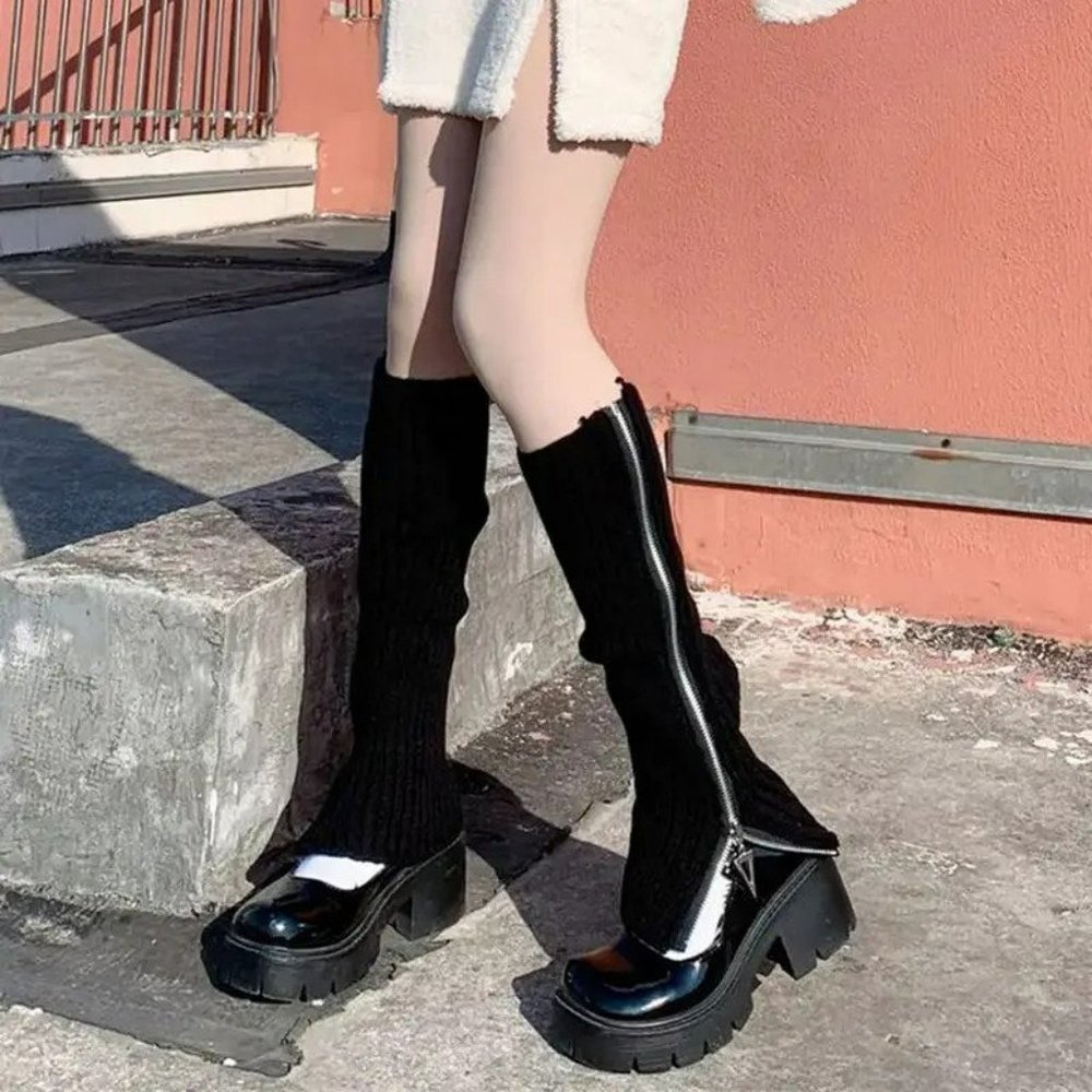 NEW Zippered Black Rib Knit Leg Warmers